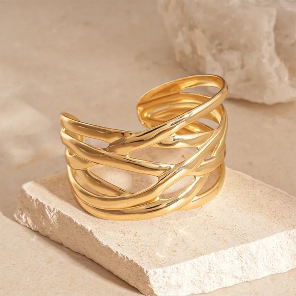 Gold Plated Wide Wavy Open Cuff Bracelet